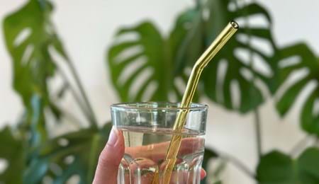 Glazen herbruikbaar rietje in een glas