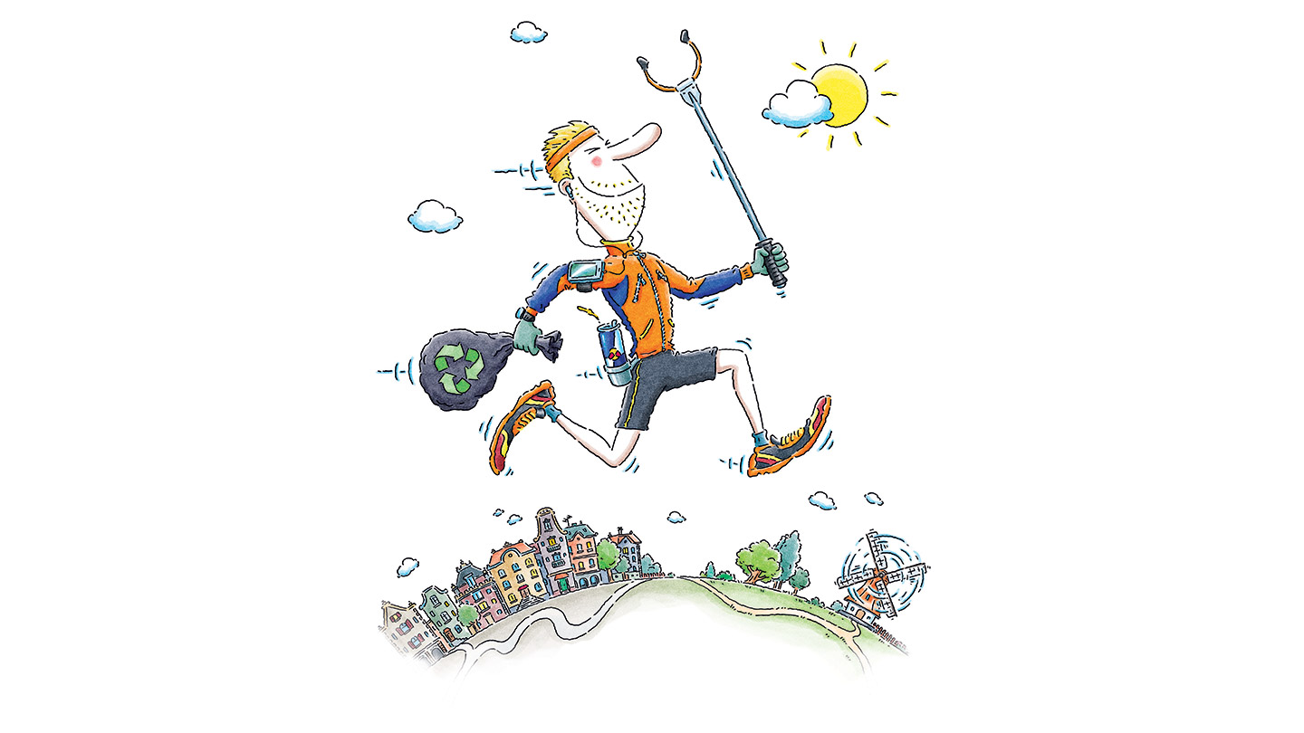 Poppetje met blikje en afvalprikker rent